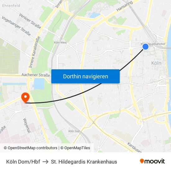 Köln Dom/Hbf to St. Hildegardis Krankenhaus map