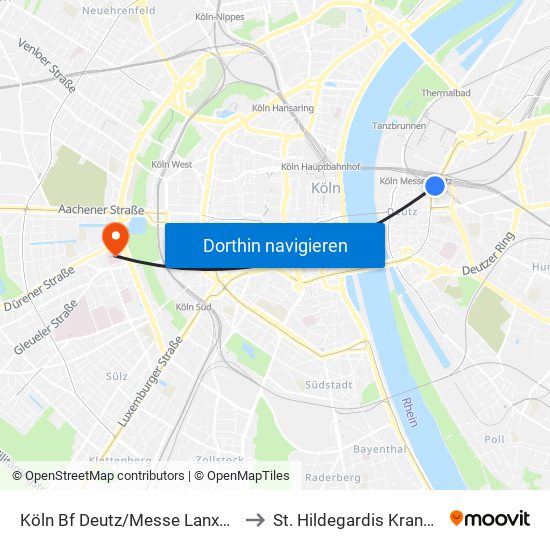 Köln Bf Deutz/Messe Lanxess Arena to St. Hildegardis Krankenhaus map