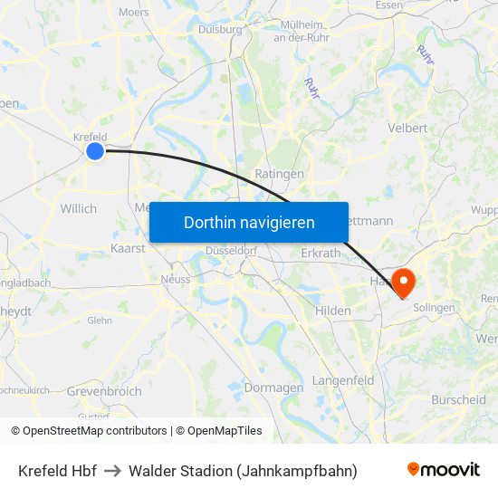 Krefeld Hbf to Walder Stadion (Jahnkampfbahn) map