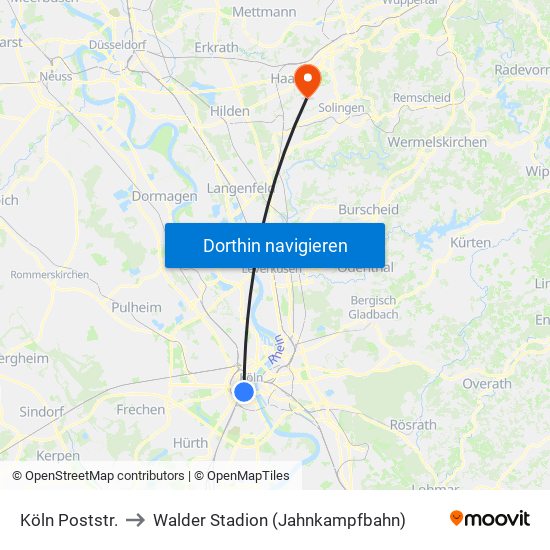Köln Poststr. to Walder Stadion (Jahnkampfbahn) map