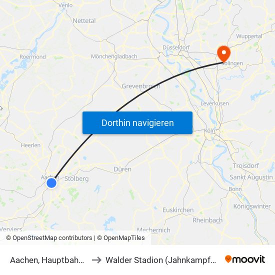 Aachen, Hauptbahnhof to Walder Stadion (Jahnkampfbahn) map