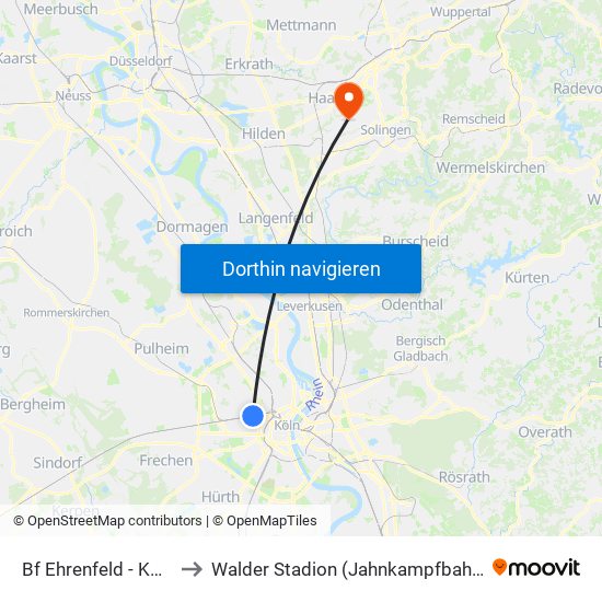 Bf Ehrenfeld - Köln to Walder Stadion (Jahnkampfbahn) map
