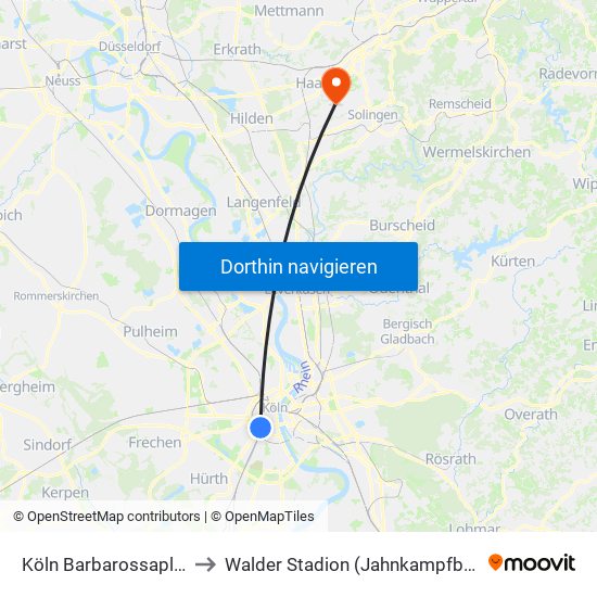 Köln Barbarossaplatz to Walder Stadion (Jahnkampfbahn) map