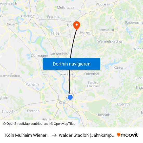 Köln Mülheim Wiener Platz to Walder Stadion (Jahnkampfbahn) map