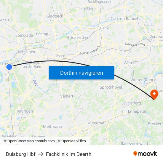 Duisburg Hbf to Fachklinik Im Deerth map