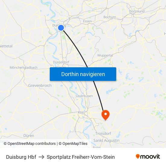 Duisburg Hbf to Sportplatz Freiherr-Vom-Stein map