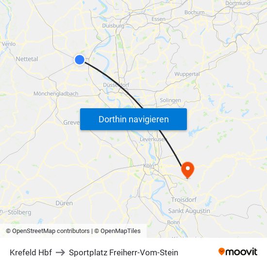Krefeld Hbf to Sportplatz Freiherr-Vom-Stein map