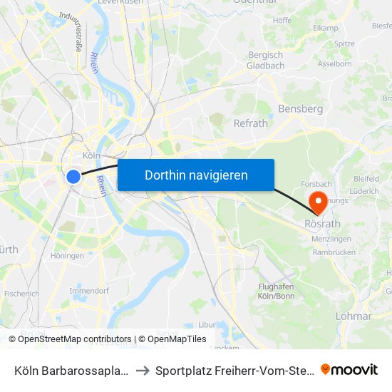 Köln Barbarossaplatz to Sportplatz Freiherr-Vom-Stein map