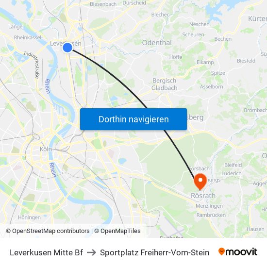 Leverkusen Mitte Bf to Sportplatz Freiherr-Vom-Stein map