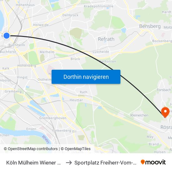 Köln Mülheim Wiener Platz to Sportplatz Freiherr-Vom-Stein map