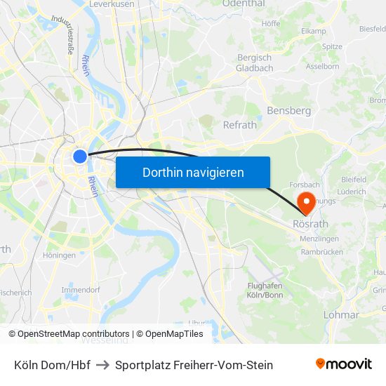 Köln Dom/Hbf to Sportplatz Freiherr-Vom-Stein map