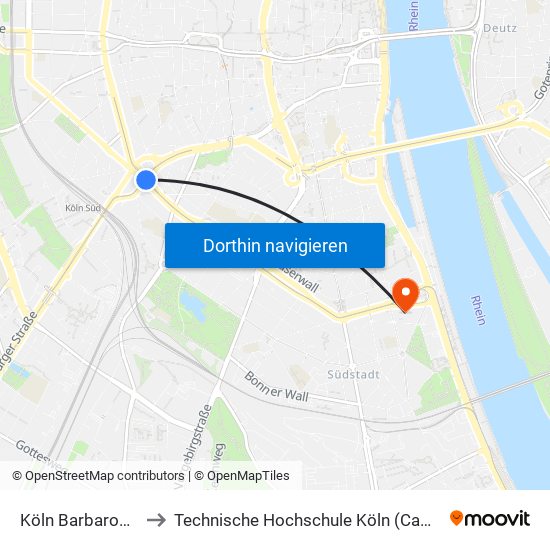 Köln Barbarossaplatz to Technische Hochschule Köln (Campus Südstadt) map