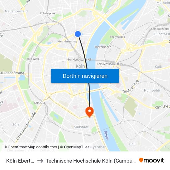 Köln Ebertplatz to Technische Hochschule Köln (Campus Südstadt) map