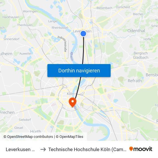 Leverkusen Mitte Bf to Technische Hochschule Köln (Campus Südstadt) map
