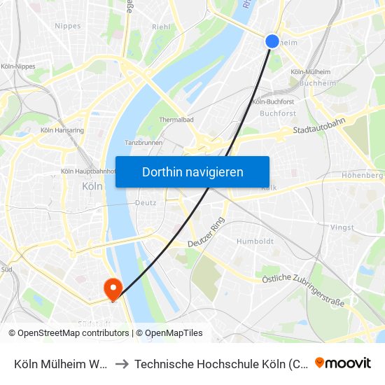 Köln Mülheim Wiener Platz to Technische Hochschule Köln (Campus Südstadt) map