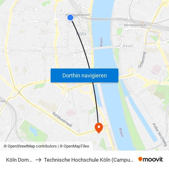 Köln Dom/Hbf to Technische Hochschule Köln (Campus Südstadt) map