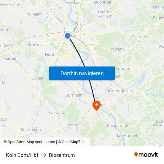 Köln Dom/Hbf to Biozentrum map