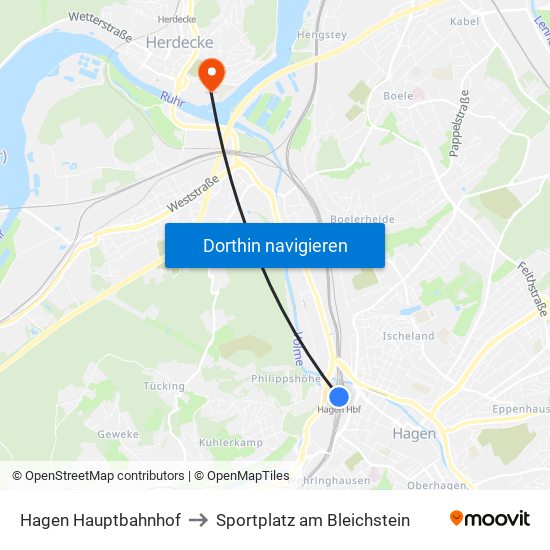 Hagen Hauptbahnhof to Sportplatz am Bleichstein map