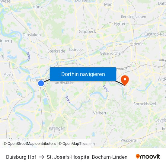 Duisburg Hbf to St. Josefs-Hospital Bochum-Linden map