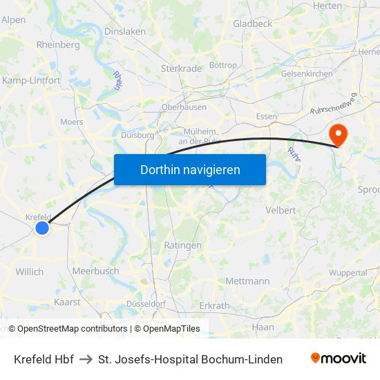 Krefeld Hbf to St. Josefs-Hospital Bochum-Linden map