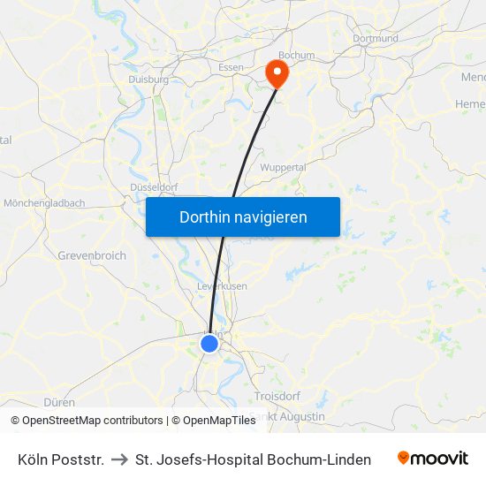 Köln Poststr. to St. Josefs-Hospital Bochum-Linden map