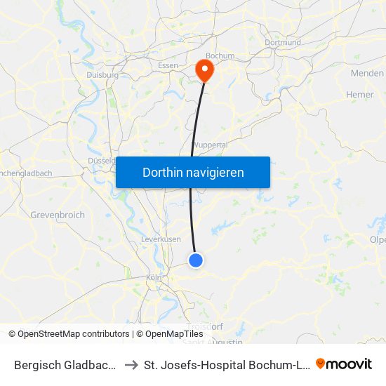 Bergisch Gladbach (S) to St. Josefs-Hospital Bochum-Linden map