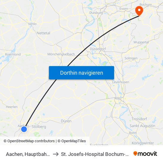 Aachen, Hauptbahnhof to St. Josefs-Hospital Bochum-Linden map