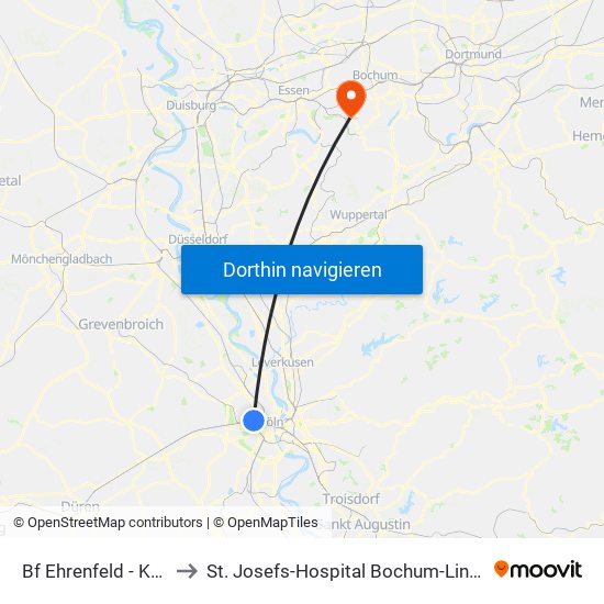 Bf Ehrenfeld - Köln to St. Josefs-Hospital Bochum-Linden map