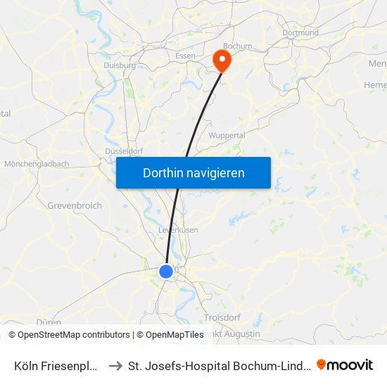 Köln Friesenplatz to St. Josefs-Hospital Bochum-Linden map