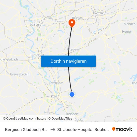 Bergisch Gladbach Bensberg to St. Josefs-Hospital Bochum-Linden map