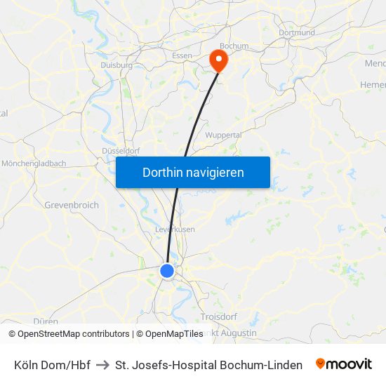Köln Dom/Hbf to St. Josefs-Hospital Bochum-Linden map