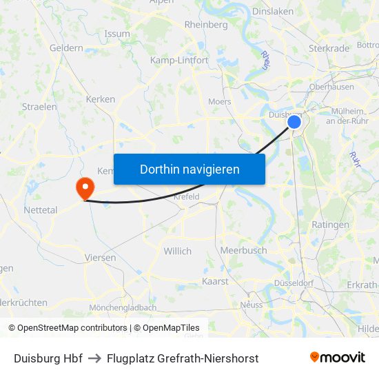 Duisburg Hbf to Flugplatz Grefrath-Niershorst map