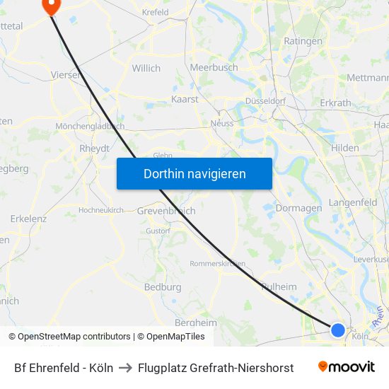 Bf Ehrenfeld - Köln to Flugplatz Grefrath-Niershorst map