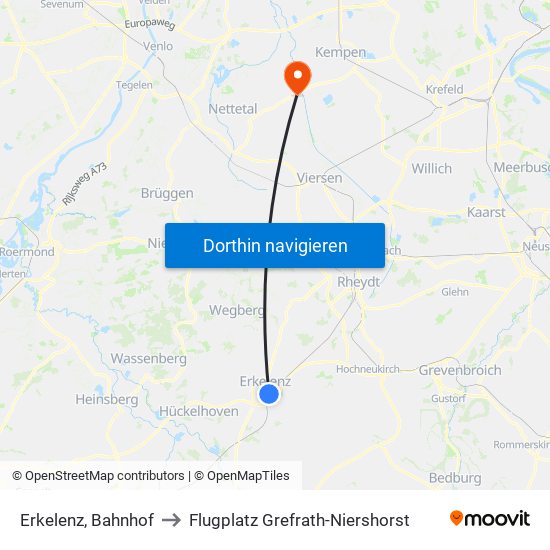 Erkelenz, Bahnhof to Flugplatz Grefrath-Niershorst map