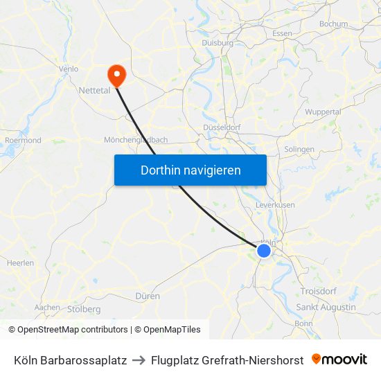 Köln Barbarossaplatz to Flugplatz Grefrath-Niershorst map