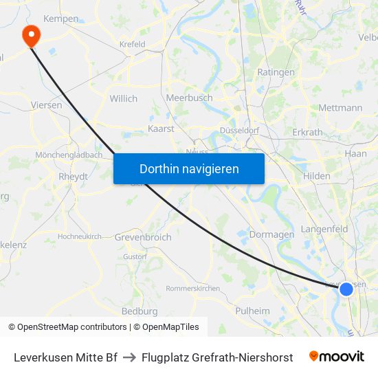 Leverkusen Mitte Bf to Flugplatz Grefrath-Niershorst map