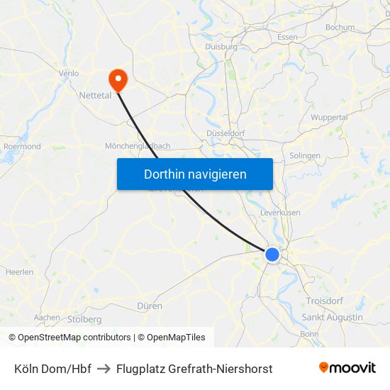 Köln Dom/Hbf to Flugplatz Grefrath-Niershorst map