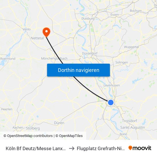 Köln Bf Deutz/Messe Lanxess Arena to Flugplatz Grefrath-Niershorst map