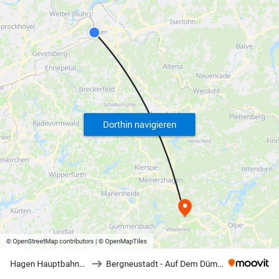 Hagen Hauptbahnhof to Bergneustadt - Auf Dem Dümpel map