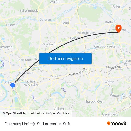 Duisburg Hbf to St.-Laurentius-Stift map