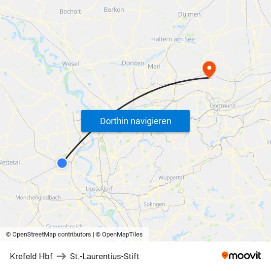 Krefeld Hbf to St.-Laurentius-Stift map