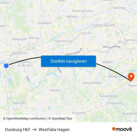 Duisburg Hbf to Westfalia Hagen map