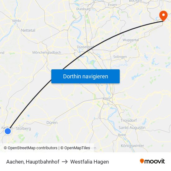 Aachen, Hauptbahnhof to Westfalia Hagen map