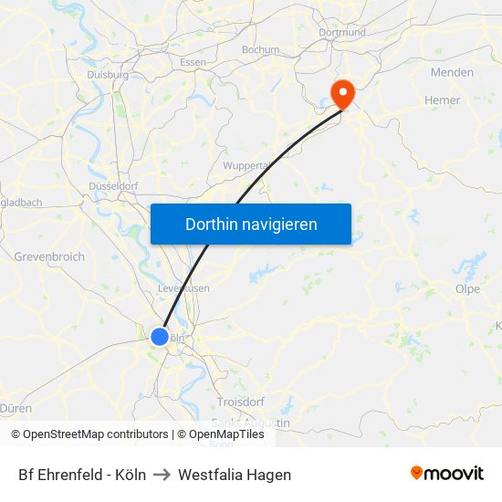 Bf Ehrenfeld - Köln to Westfalia Hagen map