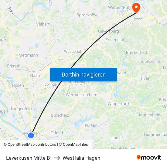 Leverkusen Mitte Bf to Westfalia Hagen map