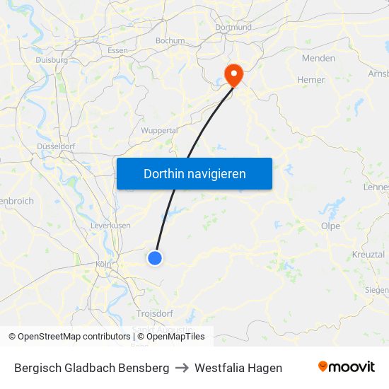 Bergisch Gladbach Bensberg to Westfalia Hagen map