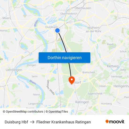 Duisburg Hbf to Fliedner Krankenhaus Ratingen map