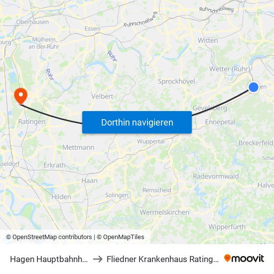 Hagen Hauptbahnhof to Fliedner Krankenhaus Ratingen map