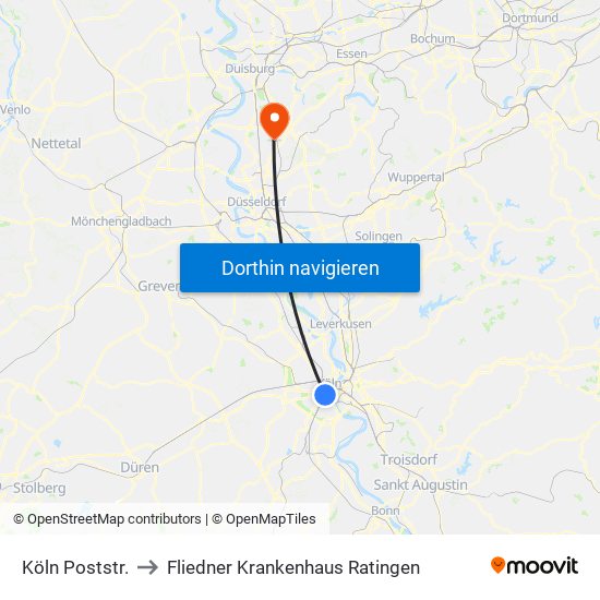 Köln Poststr. to Fliedner Krankenhaus Ratingen map