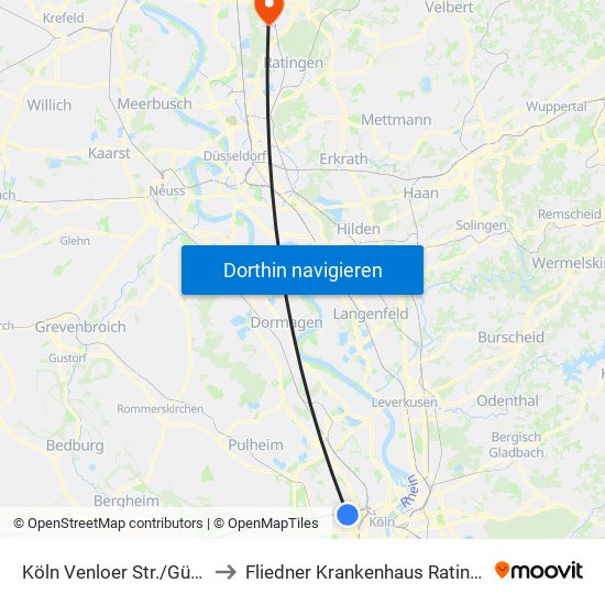 Köln Venloer Str./Gürtel to Fliedner Krankenhaus Ratingen map